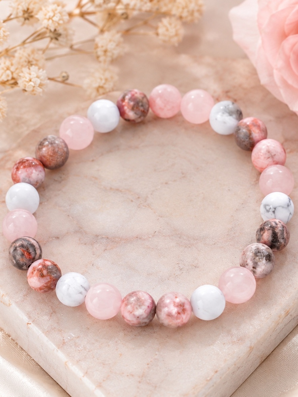 Rose Quartz & White Howlite Natural Stone Beaded Stretch Boho Handmade Bracelet
